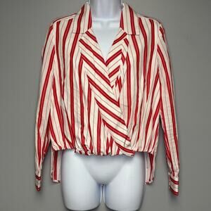 Anthropologie by Harshman Red Striped Surplice Blouse Faux Wrap Womens Sz XS‎
